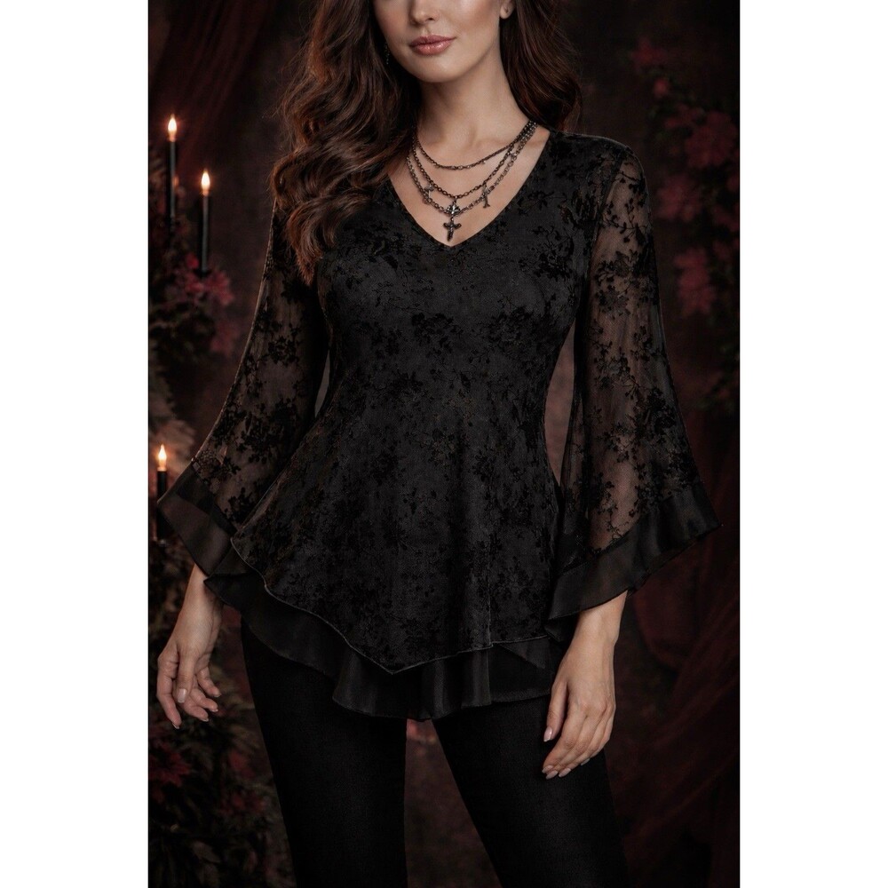 Y2K Whimsigoth Fairygrunge Black Velvet Burnout Double Layers Mesh Blouse Sz M